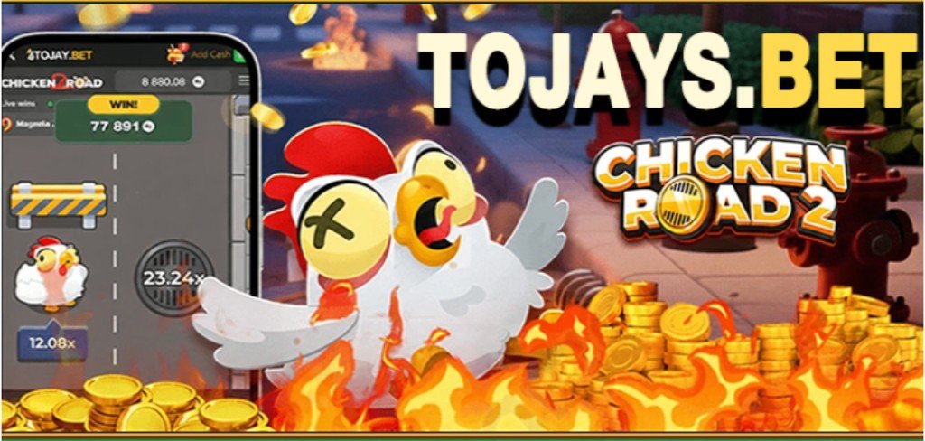 2jbet Chicken Road 2 game with a phone screen, coins, and bonus multipliers
