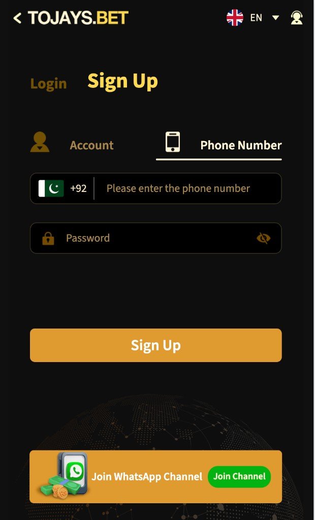 2jbet sign up screen with a Pakistan +92 phone number, password, and Sign Up button